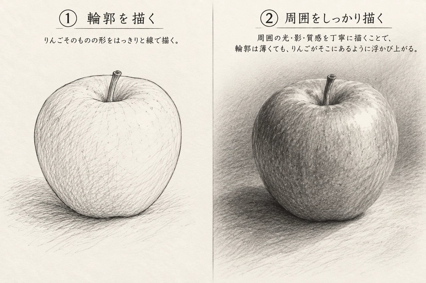 りんごのデッサンの比較。左は輪郭を線ではっきり描いたりんご、右は周囲の光・影・質感を丁寧に描くことで、輪郭が薄くても浮かび上がるりんご